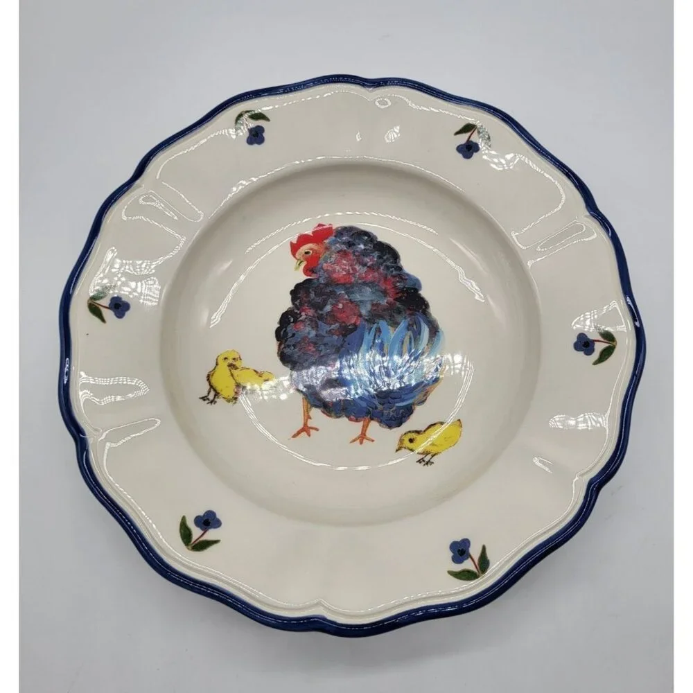 Sur La Table x Jacques Pépin Large Rim Soup Bowl Blue Chickens Rooster Farm